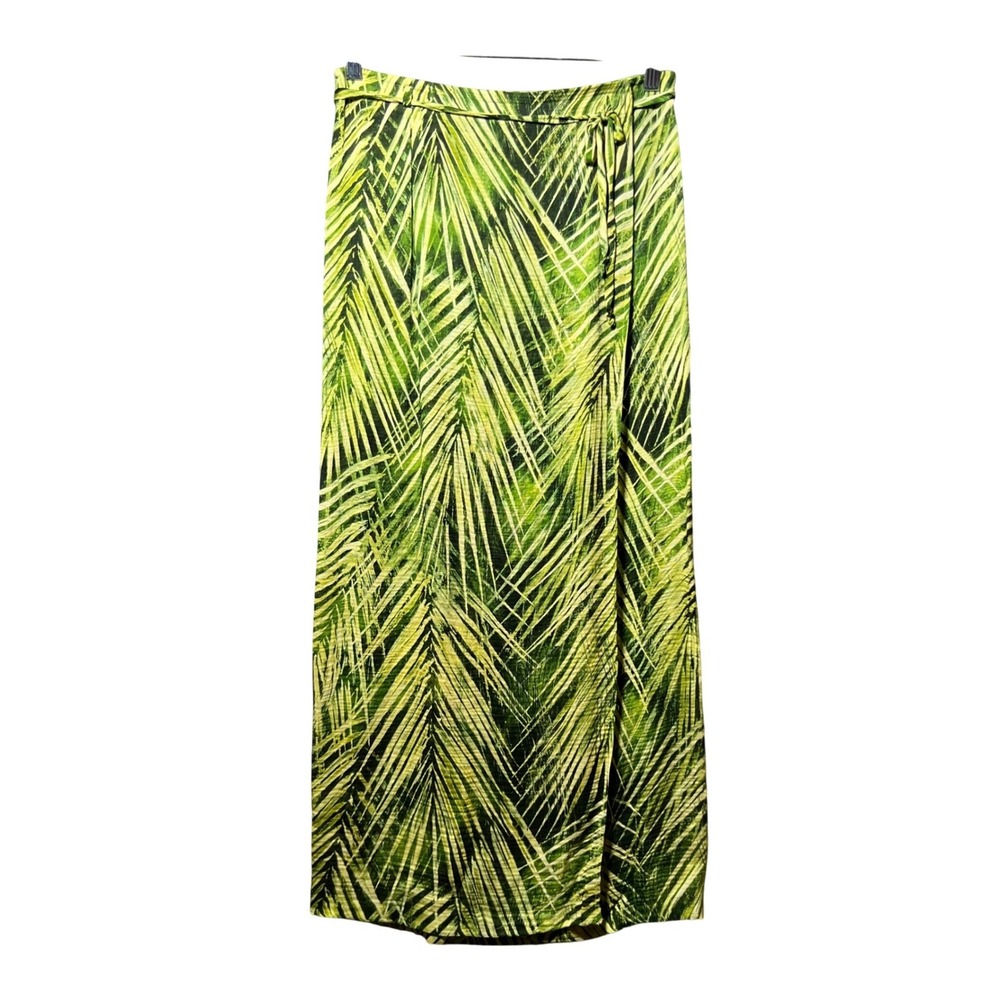 Vintage Ellen Tracy Green Palm Leaf‎ Tropical 100% Silk Wrap Maxi Skirt Size 6